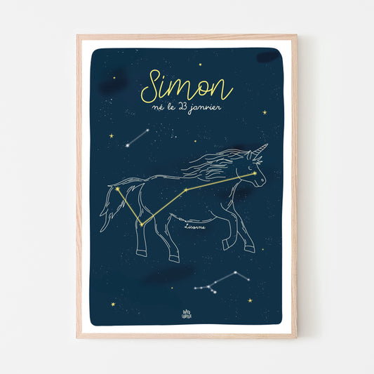 Affiche prénom et date de naissance. Imprimée en France, modèle licorne. A3 personnalisée