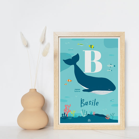 Affiche prénom personnalisée made in France, thème Océan. Initiale B.