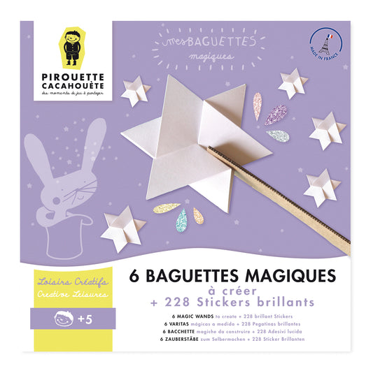 Kit pour fabriquer 6 baguettes magiques à paillettes. Fabriqué en France. Pirouette Cacahouète, marque engagée. Dès 5 ans.