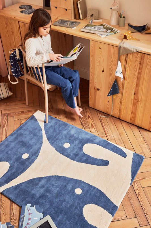 Tapis chambre enfant en coton bio motifs Eléphant Bleuu-studio. Matériaux naturels, coton certifié GOTS.