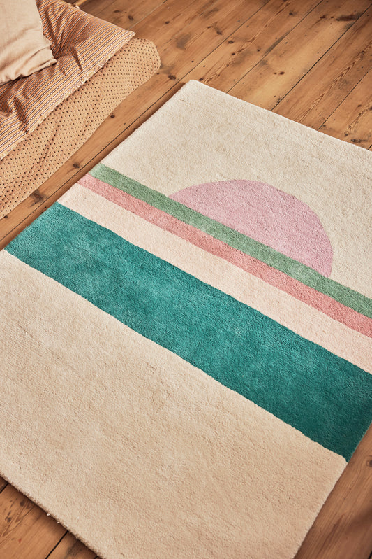 Tapis en coton biologique pour bébé et enfant. Couleurs pastel, beige rose et nuances de vert. Nature et douceur. Bleuu-studio.