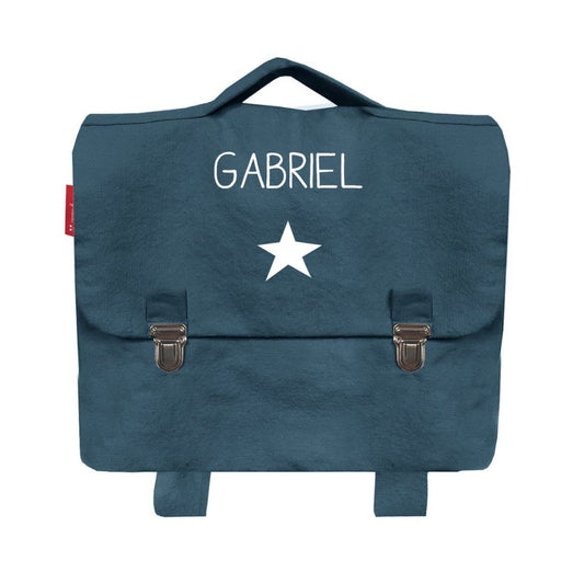 Cartable petite section personnalisé, bleu pétrole. Prénom et motif étoile. Léger, en toile de coton. Les Griottes