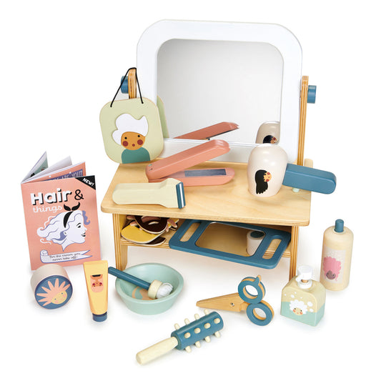 Coiffeuse jouet en bois pour enfant avec miroir pivotant et accessoires