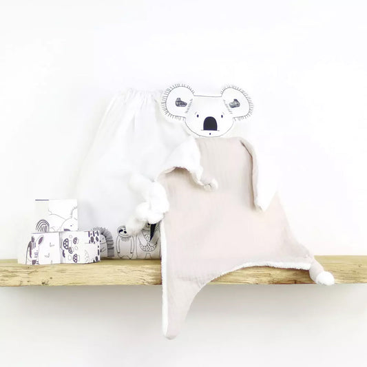 Doudou lange koala en coton bio, beige et noir et blanc