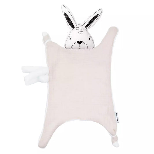 Doudou lange lapin en coton bio, beige et noir et blanc
