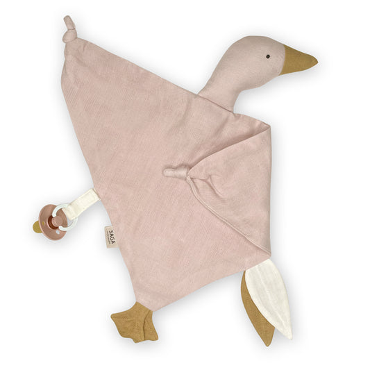 Doudou oie rose en coton bio avec attache tétine pratique. idée cadeau naissance.