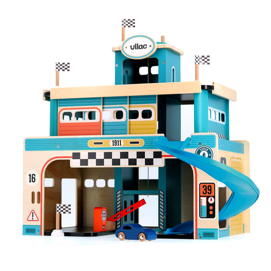 Coffret garage VILAC Vilacity avec voiture et 4 drapeaux, grand jouet voitures en bois