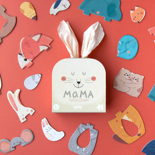 Coffret de 7 puzzles à encastrer Mama Londji. Puzzles de 3 pièces chacun représentant maman et bébé renard, maman et bébé lapin, maman et bébé éléphant etc.