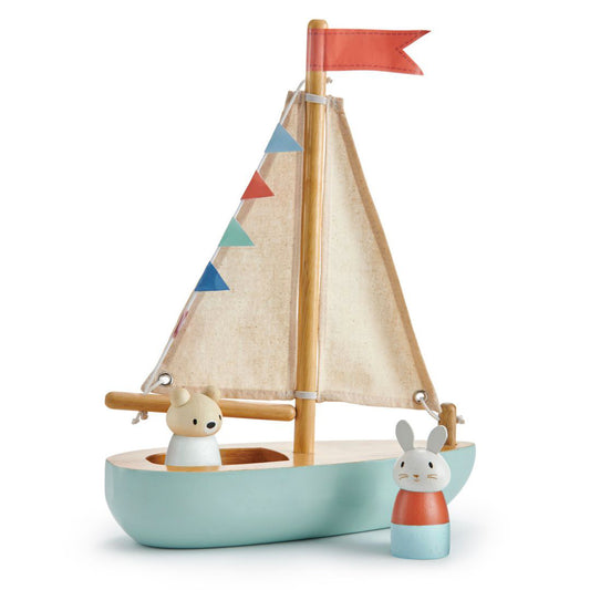 Voilier en bois, jouet en bois à partir de 3 ans. Pour jouer, développer l'imaginaire de votre enfant dès 3 ans et décorer sa chambre. Bateau en bois, voile et fanions en tissus. Personnages en bois.