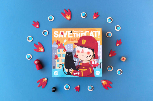 Jeu éducatif sur le thème des pompiers. Idée cadeau enfant 4 ans. Save the cat, Londji.