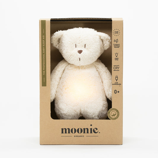Peluche veilleuse Moonie. Peluche musicale pour nouveau-né. Bruit rose et bruit blanc. Ourson magique pour le sommeil de bébé. En coton biologique GOTS.