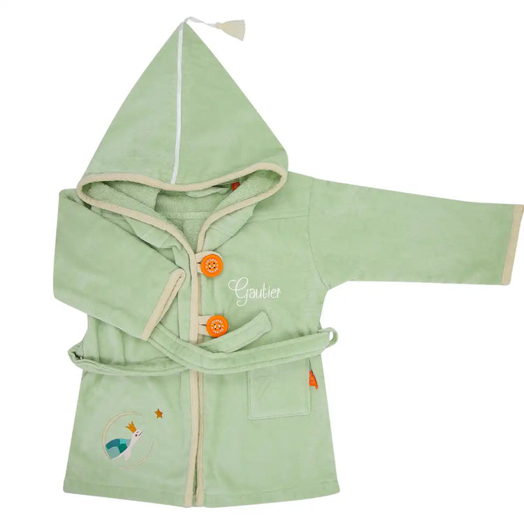 Peignoir de bain bébé avec prénom brodé, motif tortue vert pastel, capuche, personnalisé