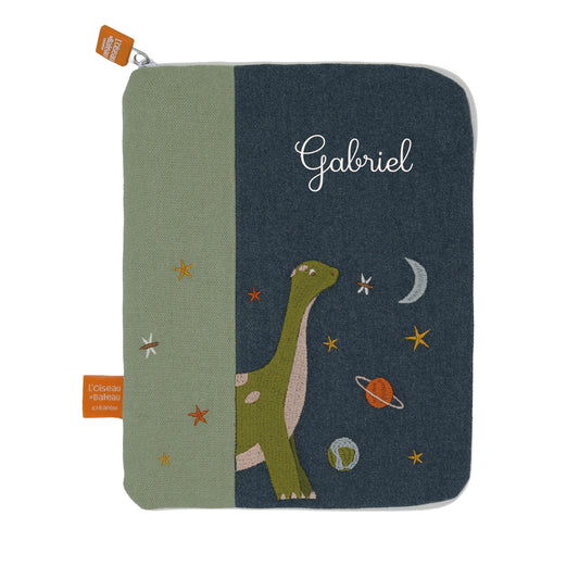 Protège carnet de santé bébé personnalisé, idée cadeau naissance garçon. Modèle dino diplo, vert et bleu.