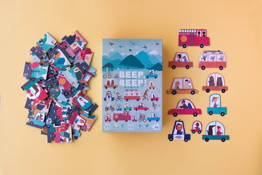 Circuit de voitures en puzzle. 48 pièces et 10 véhicules. Londji Puzzles. Ecofriendly et original. Une belle idée cadeau de Noël pour enfant de 3 à 6 ans.