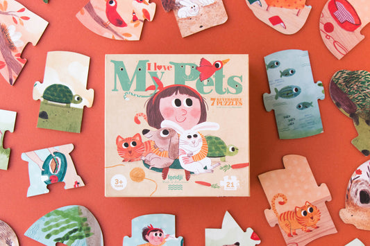 Londji Puzzle : 7 petites puzzles de 3 grandes pièces chacun représentant recto-verso des animaux et leur environnement. Puzzle observation, premier age. Parfait pour l'entrée en maternelle.