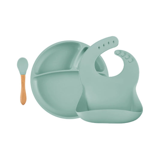 Coffret repas enfant adapté à la diversification alimentaire. Texture souple et douce, silicone alimentaire. Coloris mixte, vert tilleul. Idéal dès 6 mois.