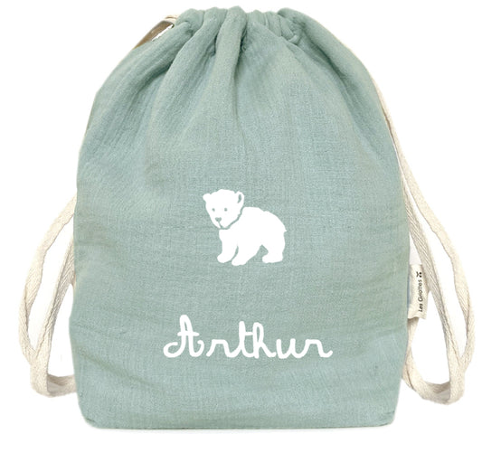 Sac à dos bébé garçon personnalisé bleu avec prénom Arthur et motif ourson