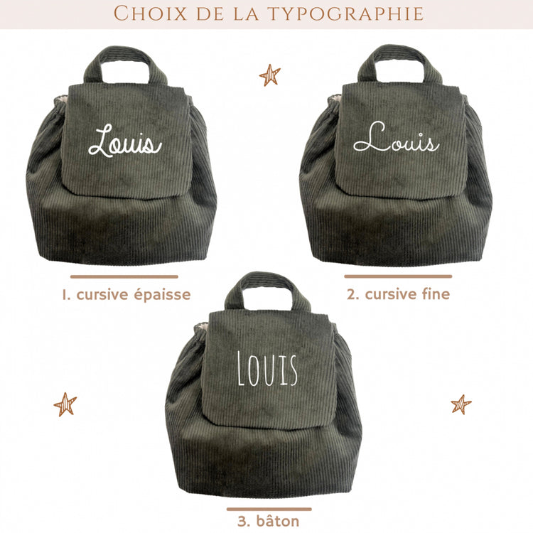 Sac à dos maternelle personnalisé velours cotele kaki, aperçu du symbole petite étoile sous le prénom, options de personnalisation.