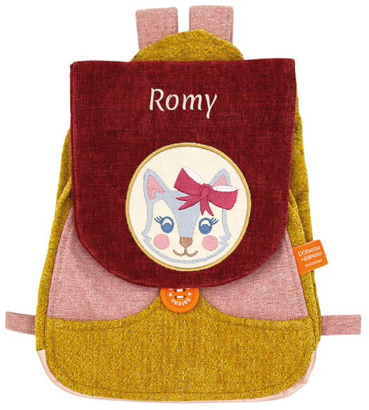 Sac à dos maternelle fille, broderie prénom, personnalisé, modèle chat. Rose et jaune.