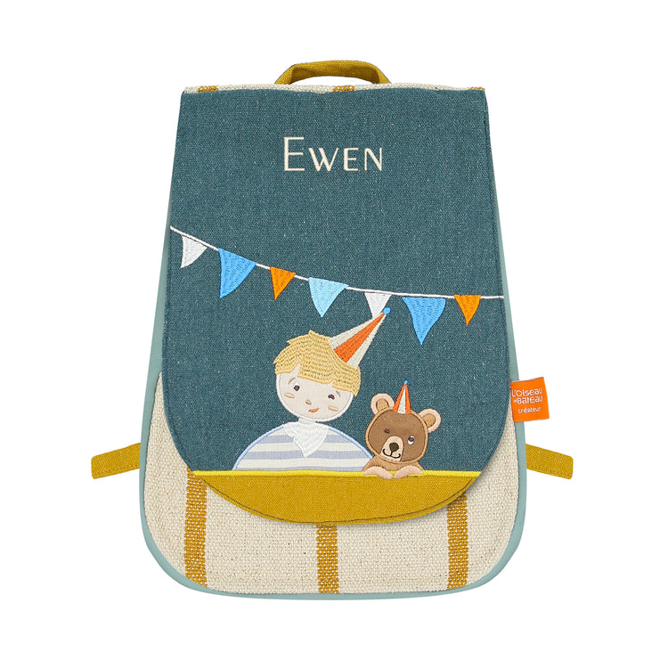Sac à dos maternelle personnalisé garcon, motif Ourson vert, prénom brodé Ewen
