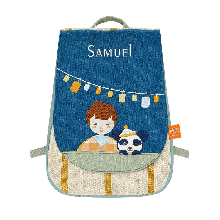 Sac à dos maternelle personnalisé garçon, motif panda bleu, prénom Samuel brodé