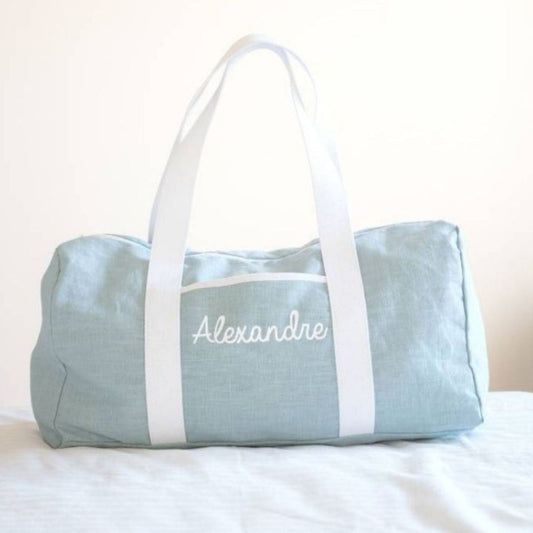 Sac week-end bébé en lin menthe personnalisé au prénom – fabrication française