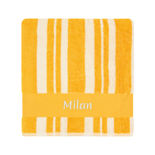 Serviette enfant rayée personnalisée jaune Soleil 70x140 cm avec prénom brodé
