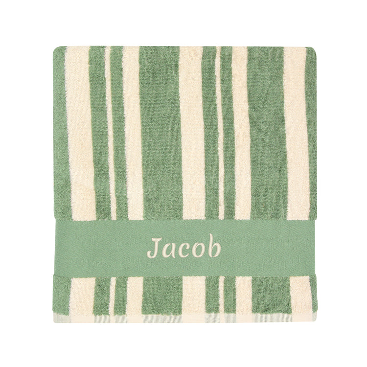 Serviette enfant rayée personnalisée verte Thym, prénom brodé.