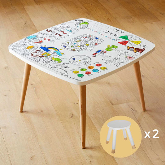 Coloritable – Table de dessin effaçable avec tabourets assortis. Atelier des artistes.