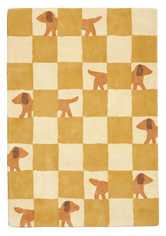 Tapis enfant vintage, damier rétro jaune et beige. Déco originale pour chambre enfant.