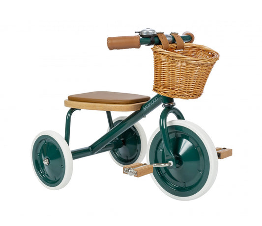 Tricycle en métal vintage Banwood avec panier en osier