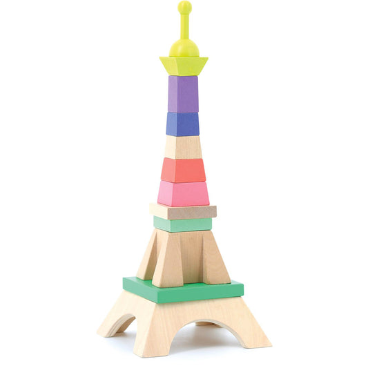 Packshot jouet à empiler Tour Eiffel VILAC : 34 cm, design multicolore, bois durable.