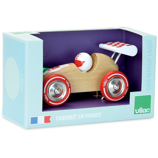 Coffret face : petite voiture de course en bois à tirer VILAC, fabriquée en France.