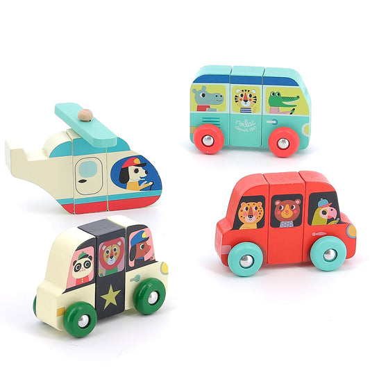Voiture, bus, hélico, avion : 12 pièces magnétiques à assembler – jeu en bois 2 ans.