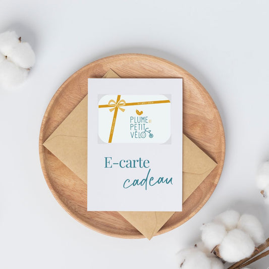 E-carte cadeau de naissance ou anniversaire Plume et Petit Velo valable sur tous les articles du eshop pendant 1 an. Montant au choix de 20 à 200 €.