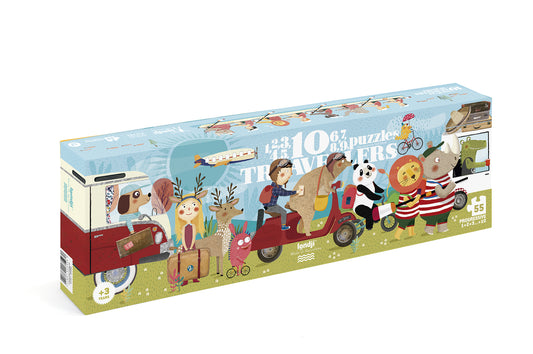 Coffret de puzzles évolutifs dès 3 ans. Apprentissage ludique des chiffres. Puzzles de 2 à 10 pièces représentant des animaux qui voyagent.