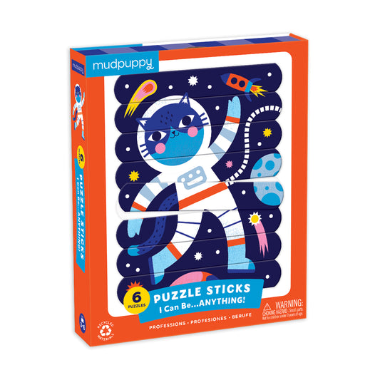 Coffret de puzzles Mudpuppy en stick bâtonnets imprimés recto-verso. Thème métier : "Je peux être....ce que je veux !" Couverture chat astronaute, tons bleus pétillants, étoiles, fusées, comètes. Mudpuppy.