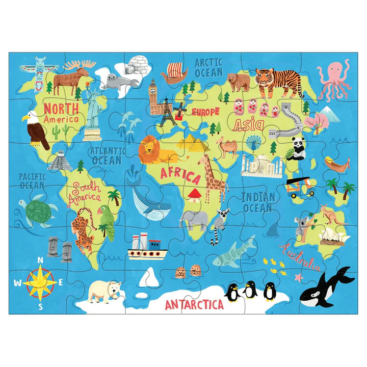 Puzzle de voyage Mudpuppy représentant une carte de monde, des monuments et des animaux  illustrés. Dimensions une fois les 36 pièces assemblées : 30,5 x 23 cm, le puzzle tient sur une tablette d'avion.  Puzzle pour enfant à partir de 3 ans.