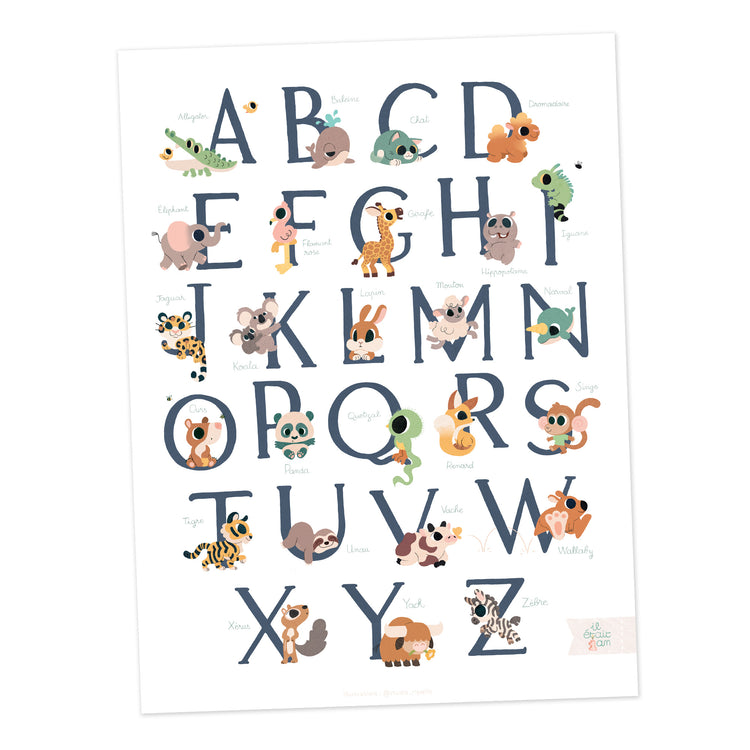 Abécédaire des animaux, en papier de haute qualité certifié FSC. 26 lettres illustrées avec des animaux doux et attachants : A comme Alligator, B comme Baleine, C comme chat, etc