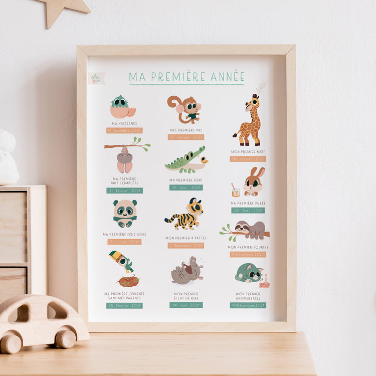 Affiche des premières fois de bébé. 12 dessins illustrent les étapes importantes de la première année de bébé avec de jolis animaux attachants et des couleurs pastel délicates. Idéal pour décorer la chambre de bébé et immortaliser ces précieux souvenirs.