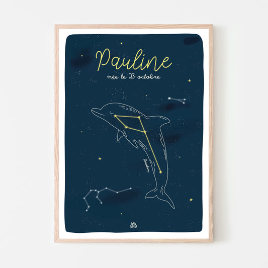 Affiche prénom chambre enfant made in France. Constellation Dauphin.