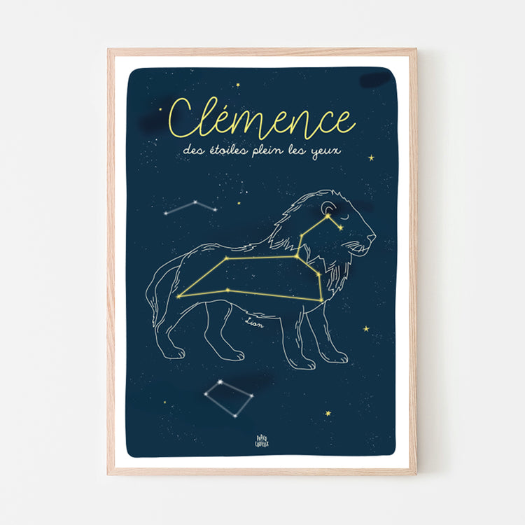 Affiche prénom chambre enfant. Bleu, motif étoiles constellation Lion.