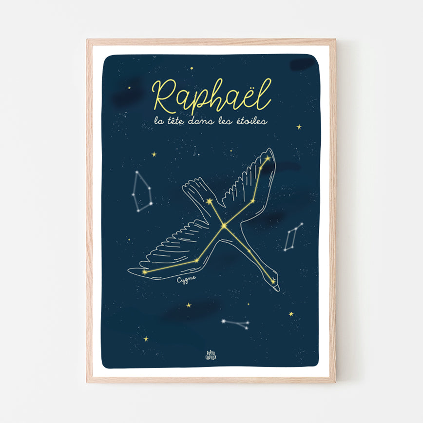 Affiche prénom étoiles chambre enfant A3 personnalisée. Imprimée en France, modèle Cygne.