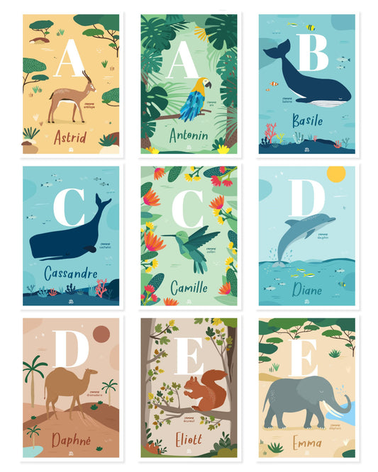 Affiches prénom personnalisée initiale et animal. Lettres A à E.