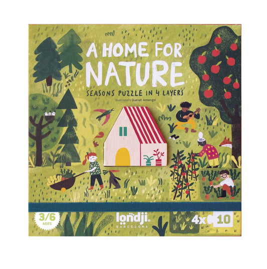 A home for nature, puzzles des saisons Londji. Avec maison en bois au centre d'un puzzle circulaire où chaque saison se superpose.