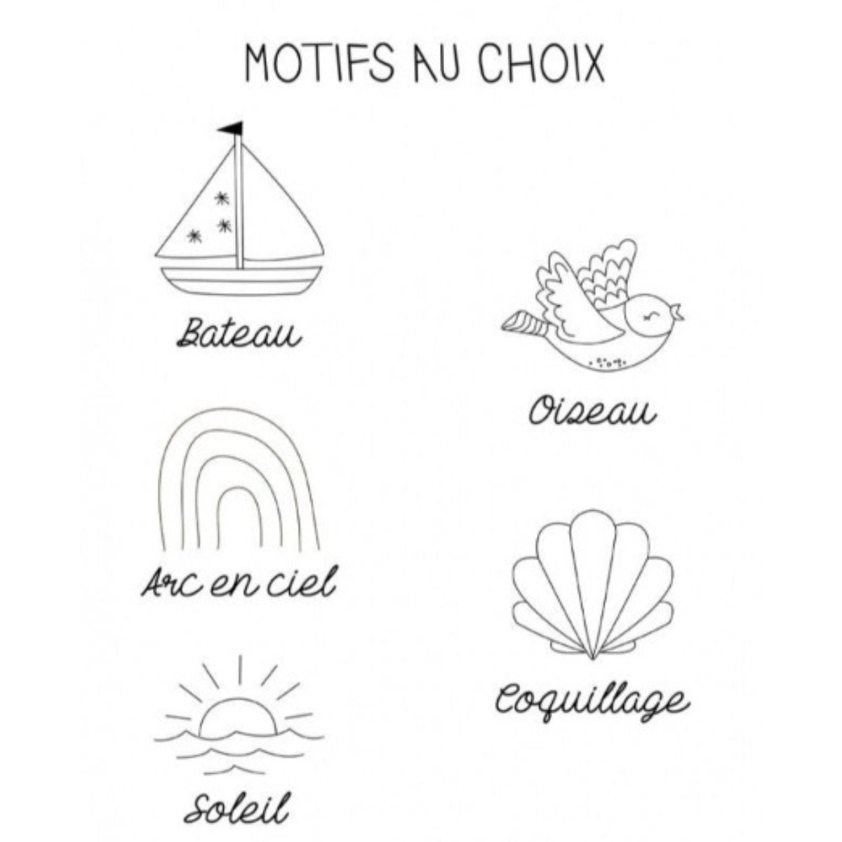 Motifs au choix pour veilleuse personnalisée prénom April Eleven : bateau, oiseau, arc-en-ciel, soleil, coquillage