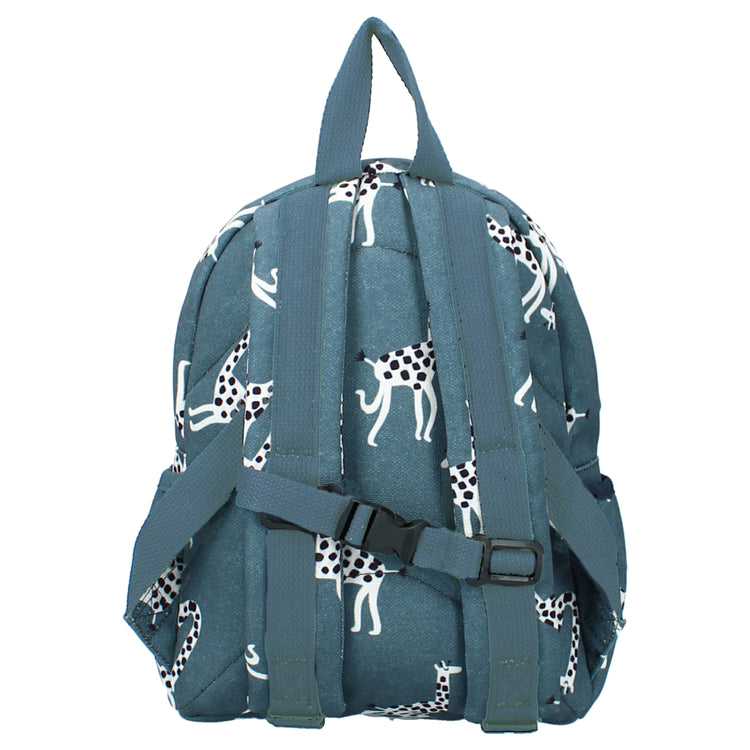Dos du sac pour enfant bleu à girafes de la marque Kidzroom. Bretelles ajustables et poches latérales élastiquées.