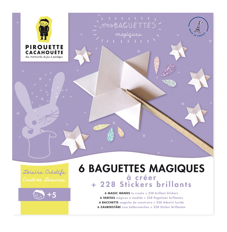 Kit pour fabriquer 6 baguettes magiques à paillettes. Fabriqué en France. Pirouette Cacahouète, marque engagée.  Dès 5 ans.
