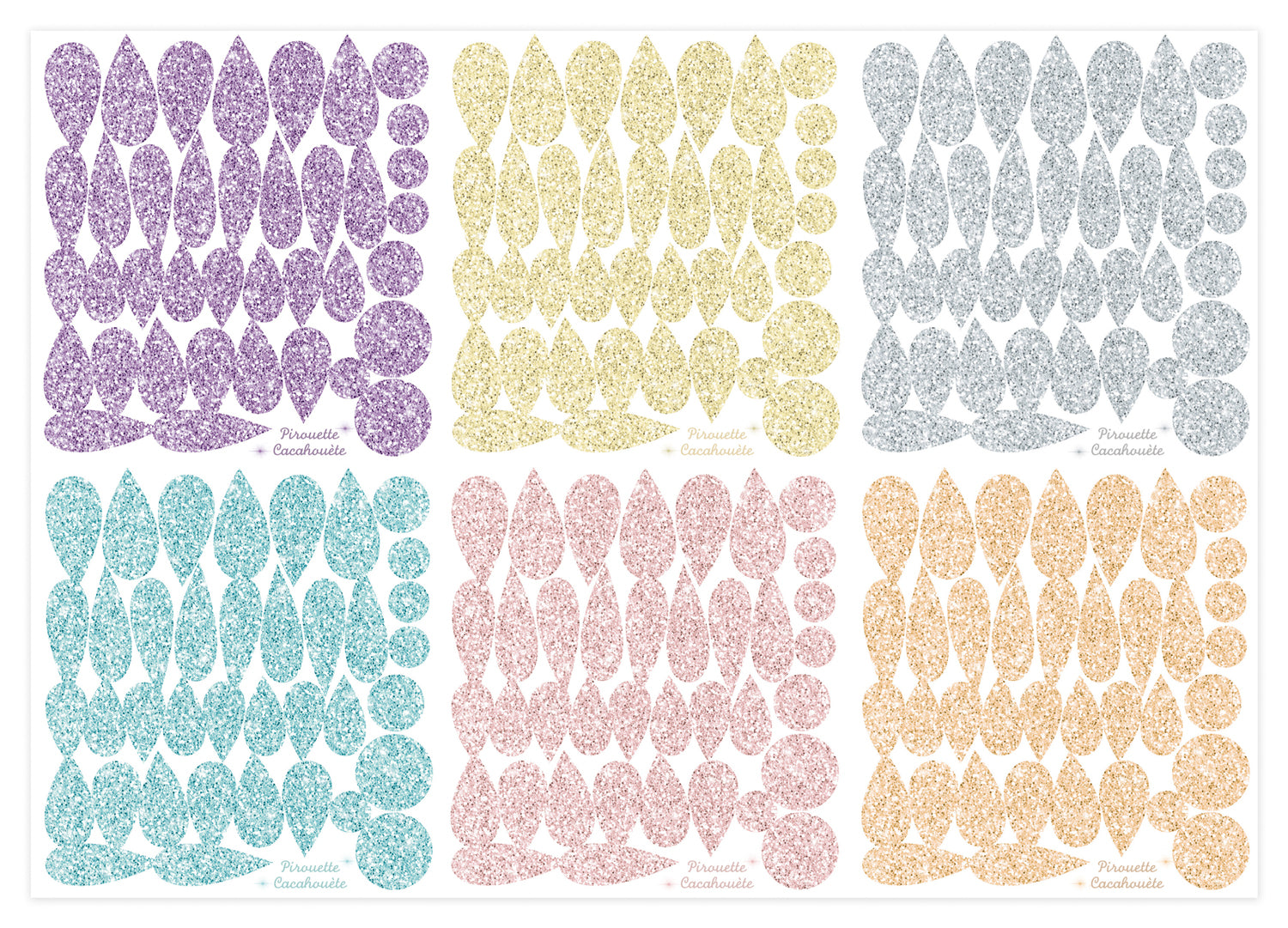 Planche de 228 stickers brillants en forme de goutes et de ronds pour personnaliser sa baguette magique. Une activité idéale pour préparer un joli déguisement pour le carnaval. 