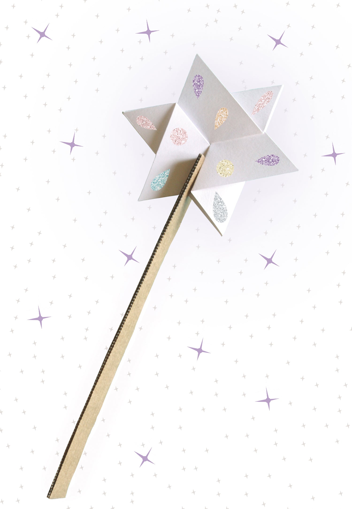 6 baguettes magiques à fabriquer en papier et carton écoresponsable. Kit créatif made in France. Sur la photo, une belle baguette magique avec stickers à paillettes. 